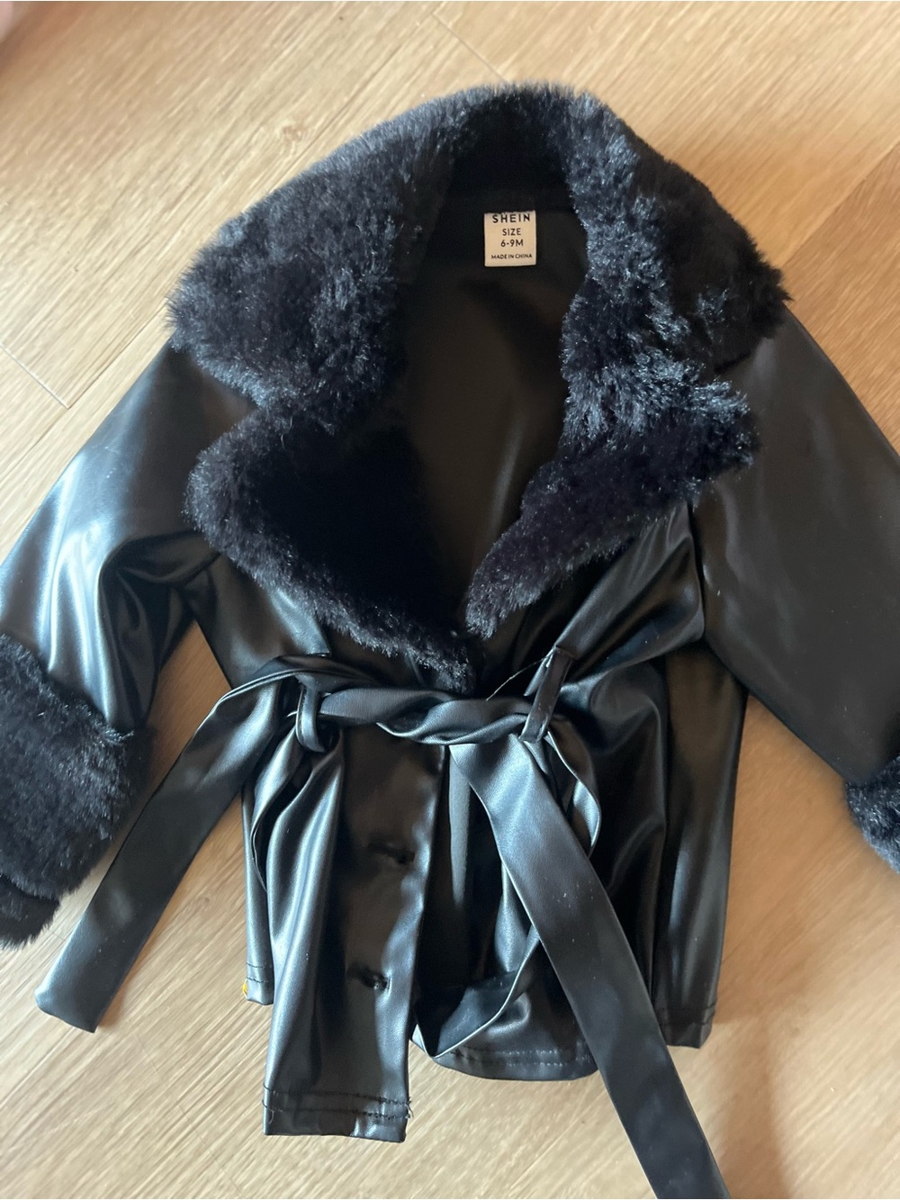 SHEIN Black Faux Leather Belted Jacket with Plush Fur Trim worn 1X